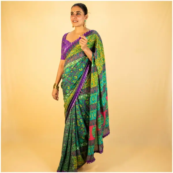 Purple Green Pure Crepe Saree - Anokhi - AmbarTaara Designs