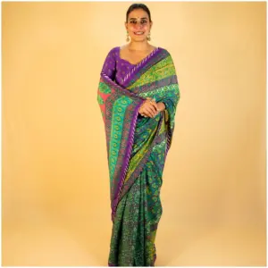 Purple Green Pure Crepe Saree - Anokhi - AmbarTaara Designs