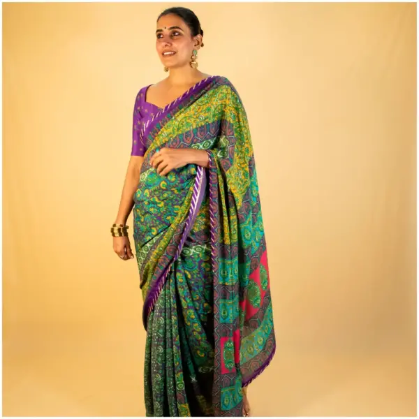 Purple Green Pure Crepe Saree - Anokhi - AmbarTaara Designs