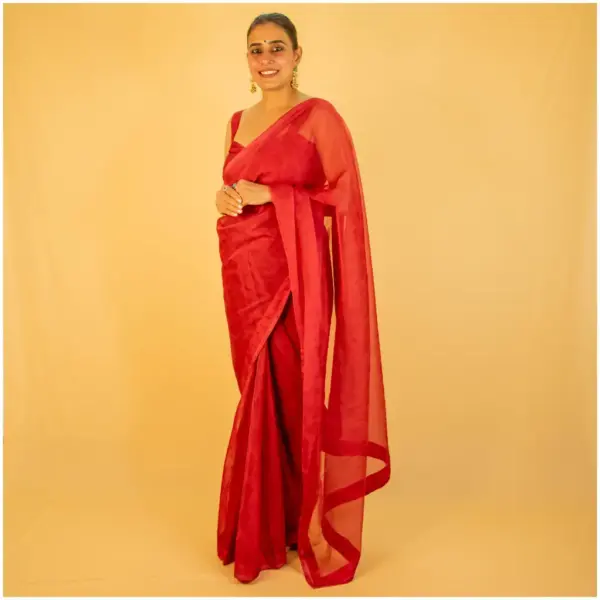 Self Printed Red Neon Organza Saree - AmbarTaara Designs