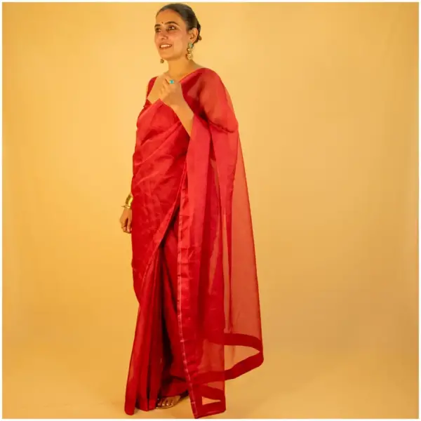 Self Printed Red Neon Organza Saree - AmbarTaara Designs