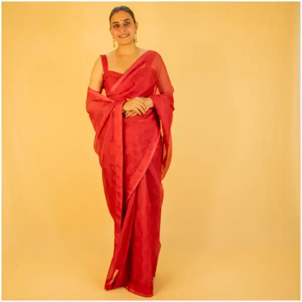 Self Printed Red Neon Organza Saree - AmbarTaara Designs