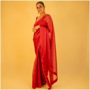 Self Printed Red Neon Organza Saree - AmbarTaara Designs