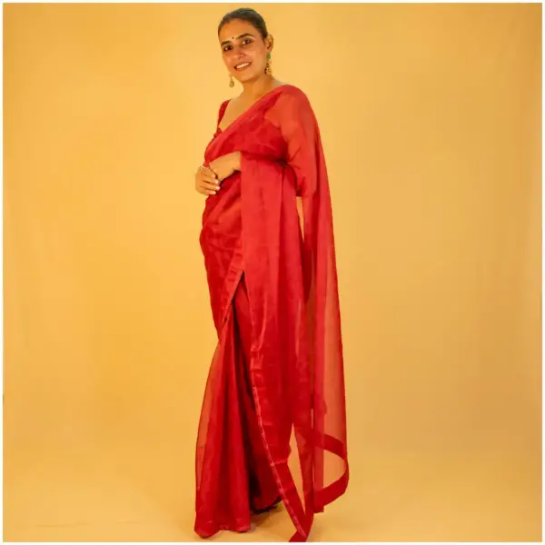 Self Printed Red Neon Organza Saree - AmbarTaara Designs