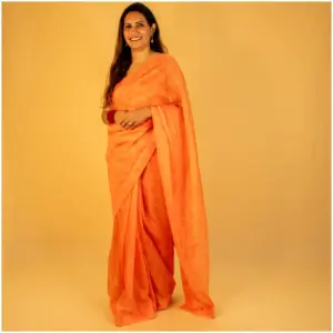 Self Printed Orange Neon Organza Saree - AmbarTaara Designs