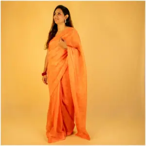 Self Printed Orange Neon Organza Saree - AmbarTaara Designs