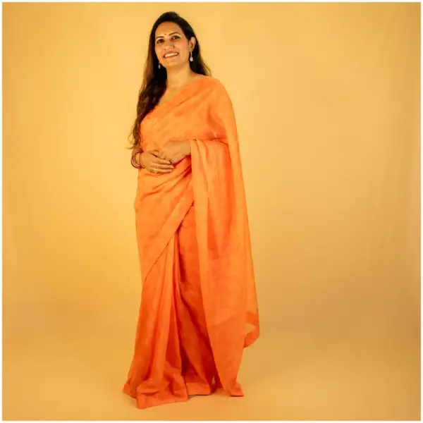 Self Printed Orange Neon Organza Saree - AmbarTaara Designs