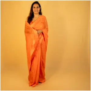 Self Printed Orange Neon Organza Saree - AmbarTaara Designs