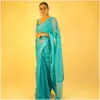 Self Printed Turquoise Blue Neon Organza Saree - AmbarTaara Designs