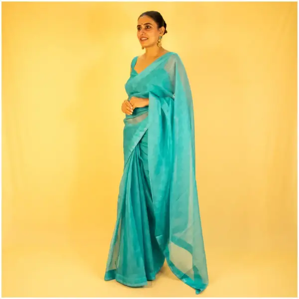 Self Printed Turquoise Blue Neon Organza Saree - AmbarTaara Designs