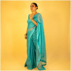 Self Printed Turquoise Blue Neon Organza Saree - AmbarTaara Designs