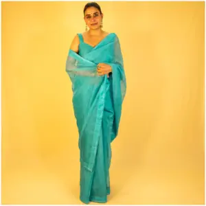 Self Printed Turquoise Blue Neon Organza Saree - AmbarTaara Designs