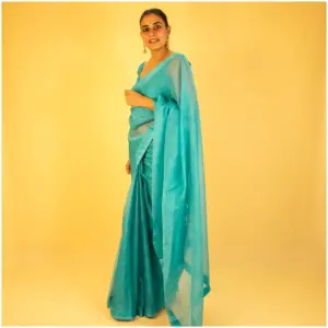 Self Printed Turquoise Blue Neon Organza Saree - AmbarTaara Designs