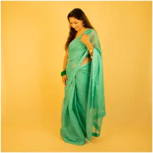 Self Printed Turquoise Green Neon Organza Saree - AmbarTaara Designs