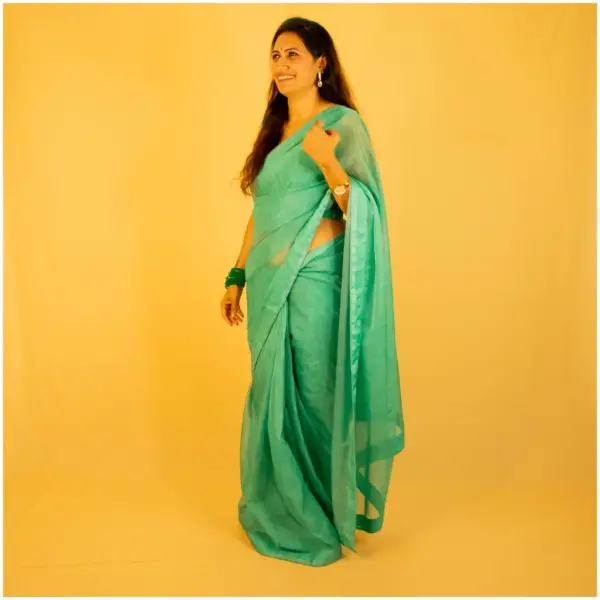 Self Printed Turquoise Green Neon Organza Saree - AmbarTaara Designs