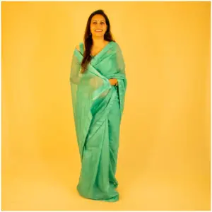 Self Printed Turquoise Green Neon Organza Saree - AmbarTaara Designs