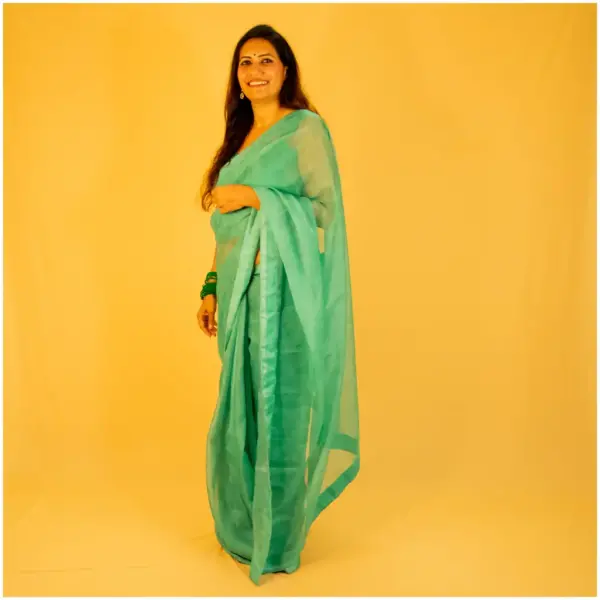 Self Printed Turquoise Green Neon Organza Saree - AmbarTaara Designs