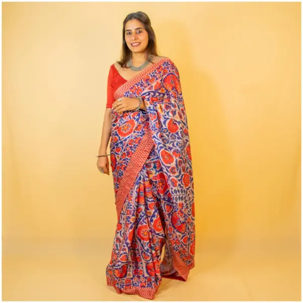 Red Blue Satin Georgette Saree - AmbarTaara Designs