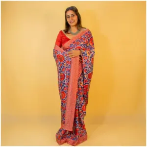 Red Blue Satin Georgette Saree - AmbarTaara Designs