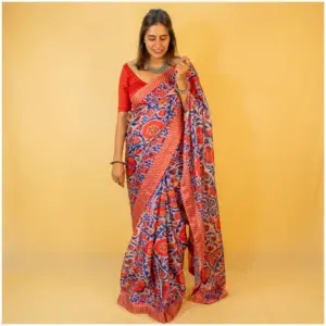 Red Blue Satin Georgette Saree - AmbarTaara Designs