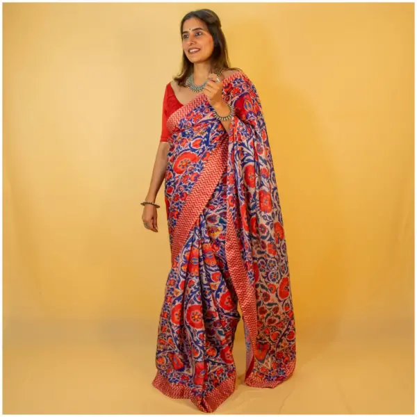 Red Blue Satin Georgette Saree - AmbarTaara Designs