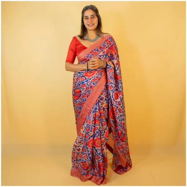 Red Blue Satin Georgette Saree - AmbarTaara Designs