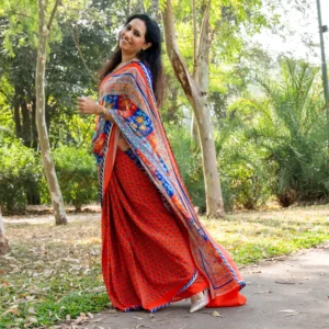 Red Blue Pure Crepe Saree - Surkh - AmbarTaara Designs