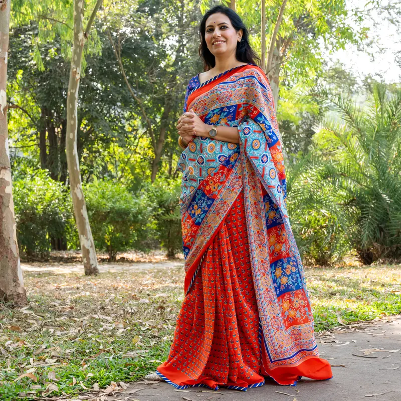 Red Blue Pure Crepe Saree - Surkh - AmbarTaara Designs