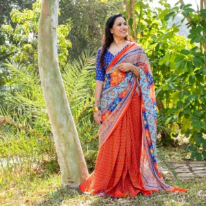 Red Blue Pure Crepe Saree - Surkh - AmbarTaara Designs