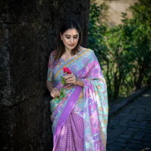 Pastel Pink Lavender Pure Crepe Saree - AmbarTaara Designs