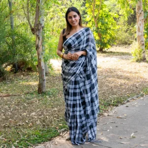 Black White Checks Mul Cotton Gamcha Saree - AmbarTaara Designs