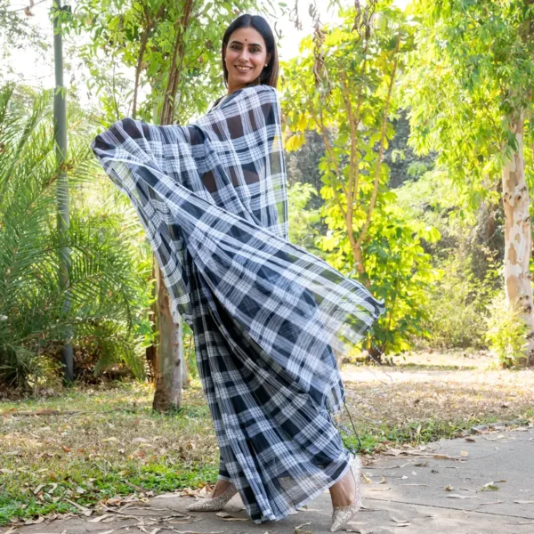 Black White Checks Mul Cotton Gamcha Saree - AmbarTaara Designs