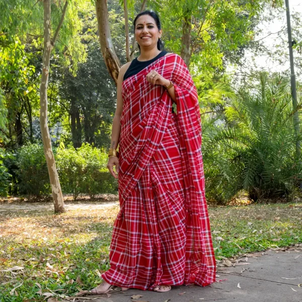 Red White Checks Mul Cotton Gamcha Saree