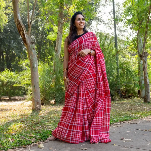 Red White Checks Mul Cotton Gamcha Saree
