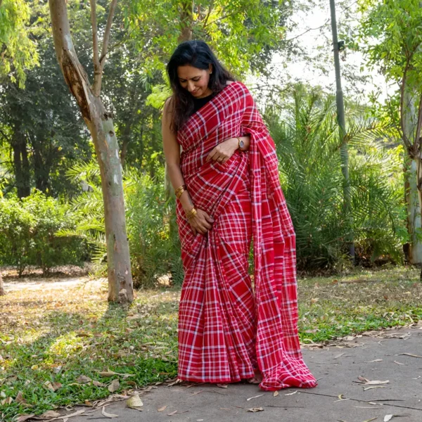 Red White Checks Mul Cotton Gamcha Saree
