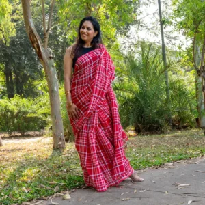 Red White Checks Mul Cotton Gamcha Saree