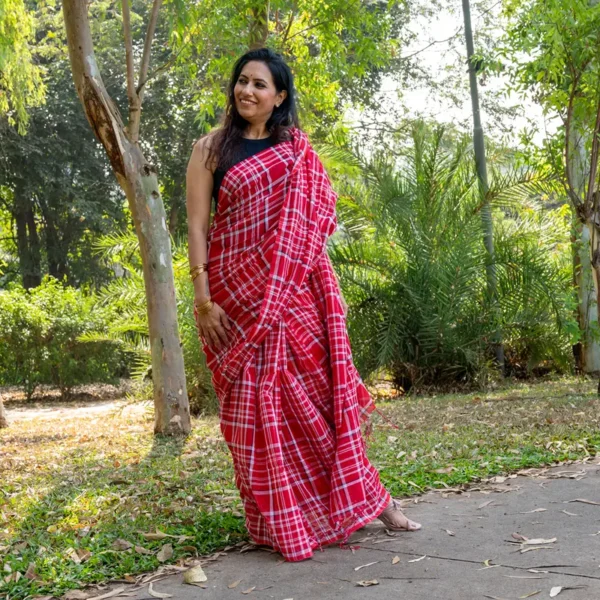 Red White Checks Mul Cotton Gamcha Saree