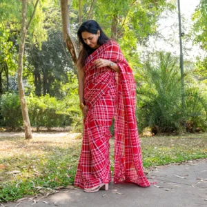Red White Checks Mul Cotton Gamcha Saree