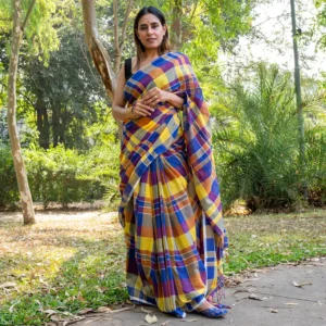 Blue Violet Yellow Checks Mul Cotton Gamcha Saree - AmbarTaara Designs