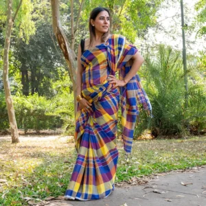 Blue Violet Yellow Checks Mul Cotton Gamcha Saree - AmbarTaara Designs