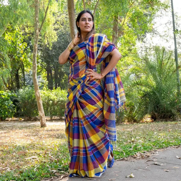Blue Violet Yellow Checks Mul Cotton Gamcha Saree - AmbarTaara Designs