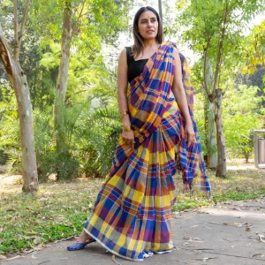 Blue Violet Yellow Checks Mul Cotton Gamcha Saree - AmbarTaara Designs