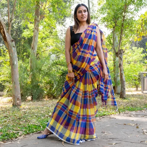 Blue Violet Yellow Checks Mul Cotton Gamcha Saree - AmbarTaara Designs