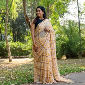 Yellow Ivory Blue Checks Mul Cotton Gamcha Saree - AmbarTaara Designs