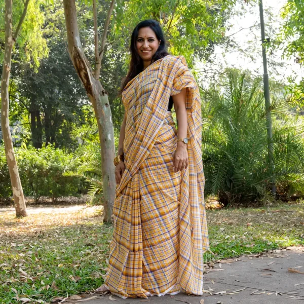 Yellow Ivory Blue Checks Mul Cotton Gamcha Saree - AmbarTaara Designs