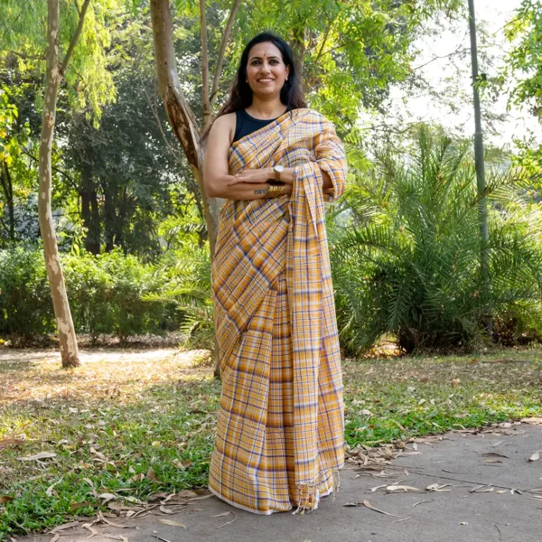 Yellow Ivory Blue Checks Mul Cotton Gamcha Saree - AmbarTaara Designs