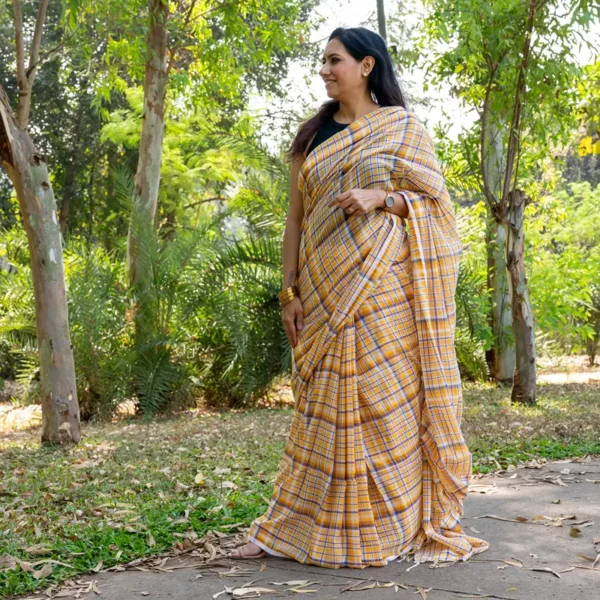 Yellow Ivory Blue Checks Mul Cotton Gamcha Saree - AmbarTaara Designs
