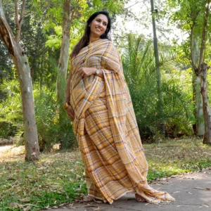 Yellow Ivory Blue Checks Mul Cotton Gamcha Saree - AmbarTaara Designs
