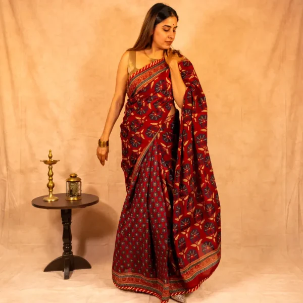 Maroon Navy Blue Pure Crepe Saree - Spoonflower - AmbarTaara Designs