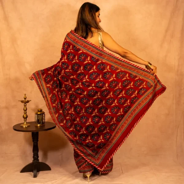 Maroon Navy Blue Pure Crepe Saree - Spoonflower - AmbarTaara Designs